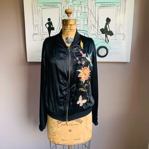 MAJE Paris Vintage 100% Silk Black Embroidered Bomber Jacket, Size Small